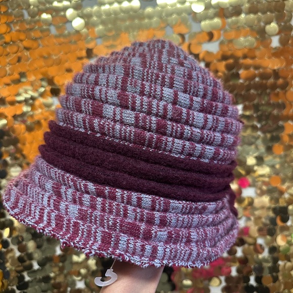 Chic Burgundy Knit Cloche Hat with Rose Detail